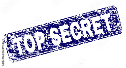TOP SECRET stamp seal print with distress texture. Seal shape is a rounded rectangle with frame. Blue vector rubber print of TOP SECRET tag with scratched texture.
