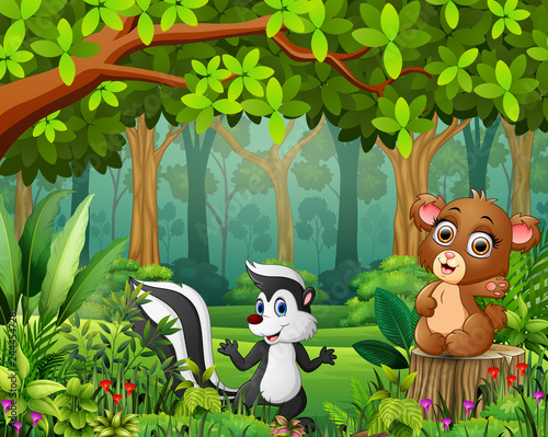 Landscape forest cartoon of green in spring with animal