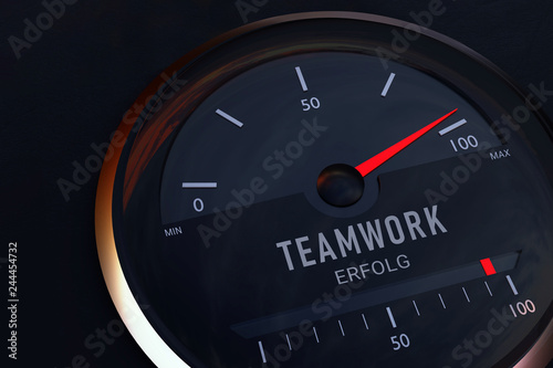 Zusammenarbeit. Konzept zur Gemeinsamkeit zwischen Teamwork und Erfolg. Auto-Tacho zeigt symbolisch Maximum auf einer Skala an. 