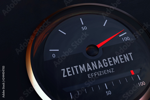 Konzept zum Zusammenhang zwischen Zeitmanagement und Effizienz. Auto-Tacho zeigt symbolisch Maximum auf einer Skala an. 