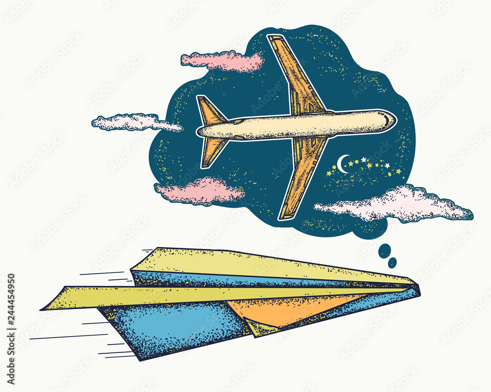 Follow your dreams concept. Paper plane dreams to become big plane. Symbol  imagination, motivation, creative art Stock Vector | Adobe Stock