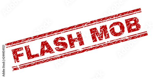 FLASH MOB seal print with corroded texture. Red vector rubber print of FLASH MOB label with retro texture. Text label is placed between double parallel lines.