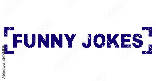 FUNNY JOKES title seal stamp with distress texture. Text title is placed inside corners. Blue vector rubber print of FUNNY JOKES with grunge texture.