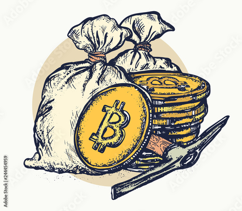 Golden coins and bag of money. Cryptocurrency bitcoin mining symbol