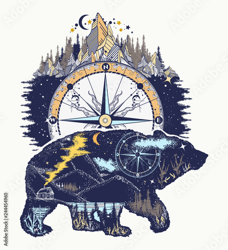 Bear and mountains, t-shirt design art. Travel and outdoor symbol, adventure tourism. Mountain, forest, night sky. Magic tribal bear double exposure