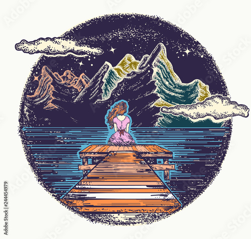 Woman and mountains. Symbol of dream, romantic, love, outdoor. Night mountain lake tattoo and t-shirt design