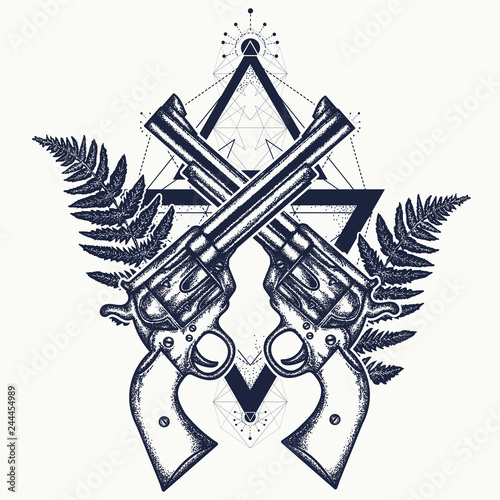Magic crossed guns and fern tattoo. Crime concept. Wild west pop culture art poster. Crossed vintage revolvers