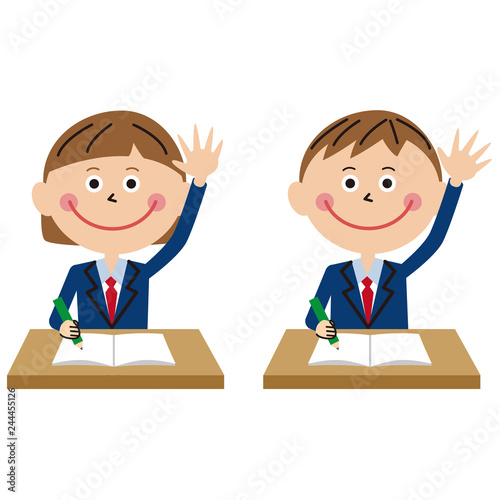 ポップな学生服の男女　机で勉強　手をあげる