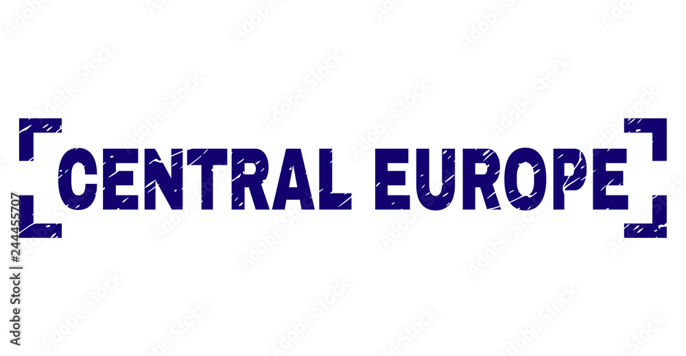 CENTRAL EUROPE tag seal print with corroded texture. Text title is placed inside corners. Blue vector rubber print of CENTRAL EUROPE with retro texture.