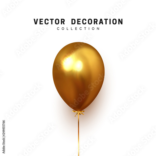 Balloon isolated on white background. Holiday element design realistic baloon with gold ribbon and bow