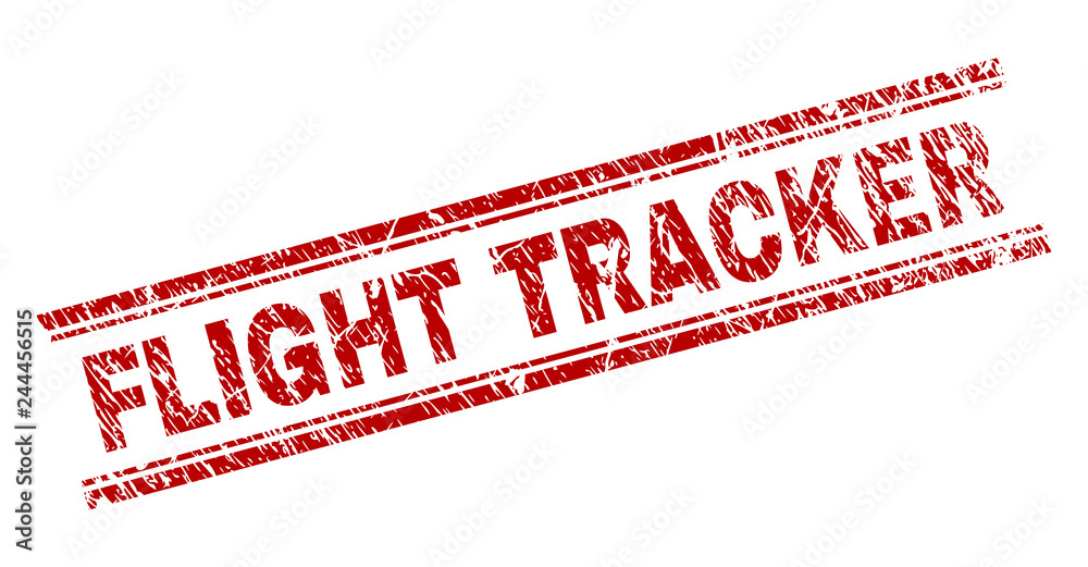 FLIGHT TRACKER seal print with corroded style. Red vector rubber print of FLIGHT TRACKER title with dust texture. Text title is placed between double parallel lines. FLIGHT TRACKER seal print with corroded style. Red vector rubber print of FLIGHT TRACKER title with dust texture. Text title is placed between double parallel lines.