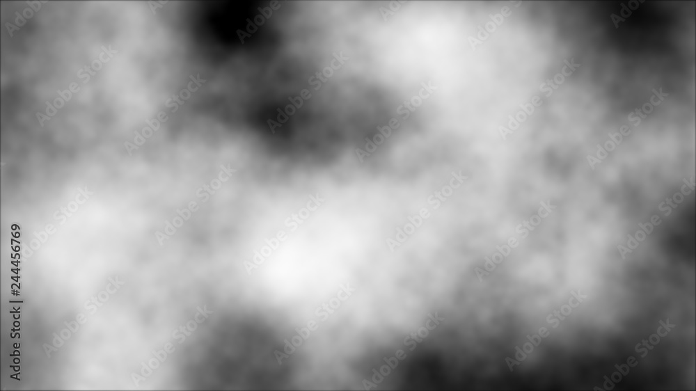Black digital abstract background with white mist clouds scattered around the area and areas with deep depths.