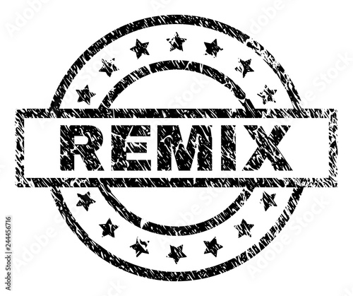 REMIX stamp seal watermark with distress style. Designed with rectangle, circles and stars. Black vector rubber print of REMIX text with unclean texture.