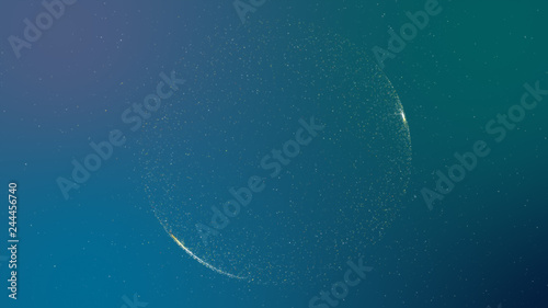 Digital blue abstract background with sparkling wave particles and areas with deep depths, circular formations with bright shining bright lights.