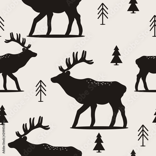 Seamless pattern, deers, fir-trees, hand drawn overlapping backdrop. Black and white background vector. Illustration with animals. Decorative wallpaper, good for printing