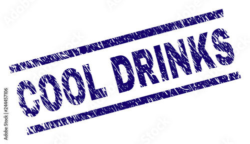 COOL DRINKS seal print with distress style. Blue vector rubber print of COOL DRINKS caption with scratched texture. Text title is placed between parallel lines.