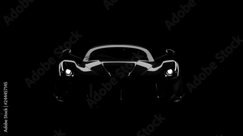 silhouette of black supercar with headlights on black background, 3d render, generic design, non-branded photo