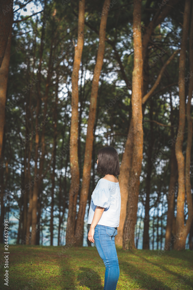 Happy young cute Asian Japanese girl hipster backpack  women travelling looking at beautiful sky mountains scenery views 