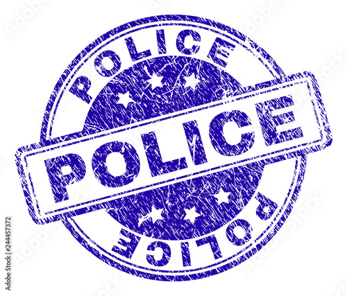 POLICE stamp seal watermark with grunge texture. Designed with rounded rectangles and circles. Blue vector rubber print of POLICE title with grunge texture.