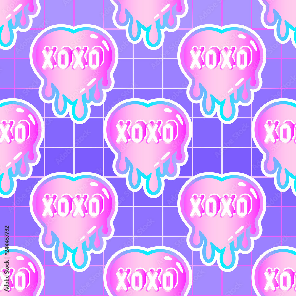 Seamless pattern with heart patches with “xoxo” text. Vector wallpaper with stickers in pastel goth style. Purple gradient grid background.