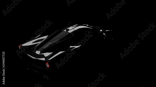 silhouette of black supercar with headlights on black background, 3d render, generic design, non-branded photo