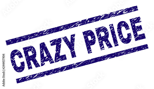 CRAZY PRICE seal print with distress style. Blue vector rubber print of CRAZY PRICE label with corroded texture. Text label is placed between parallel lines.