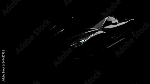 silhouette of black supercar with headlights on black background, 3d render, generic design, non-branded photo