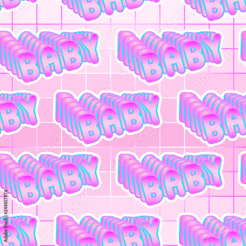 Seamless pattern with pink “Baby” patches. Vector wallpaper in pastel goth style. Feminine gradient background.
