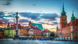 Panoramic view on Royal Castle, ancient townhouses and Sigismund's Column in Old town in Warsaw, Poland. Evening view.
