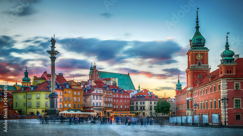 Panoramic view on Royal Castle, ancient townhouses and Sigismund's Column in Old town in Warsaw, Poland. Evening view. © Tryfonov