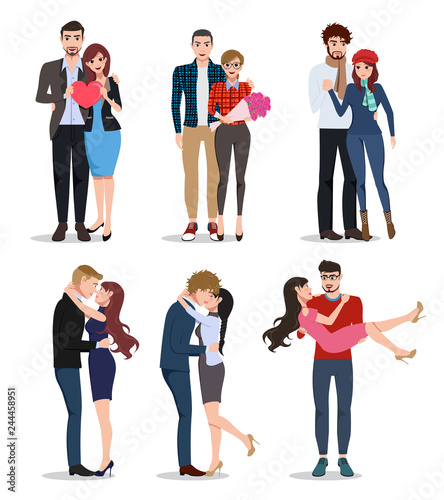Couple vector characters set. Valentines lovers in relationship dating, holding hands and kissing isolated in white background. Vector illustration.