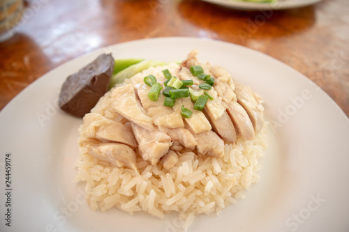 Thai rice steamed with chicken soup or Hainanese chicken rice.