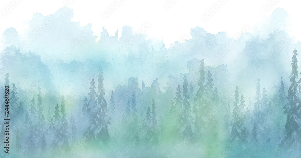 Obraz Ilustracja akwarela. Rysunek niebieskiego lasu, sosny, świerku, cedru. Ciemny, gęsty las, podmiejski krajobraz. Pocztówka, logo, karta. Mglisty las, mgła.