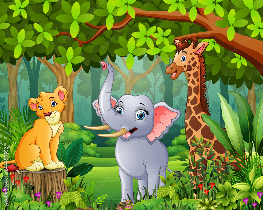 Fototapeta premium Kreskówka las krajobraz zielony z dzikim zwierzęciem