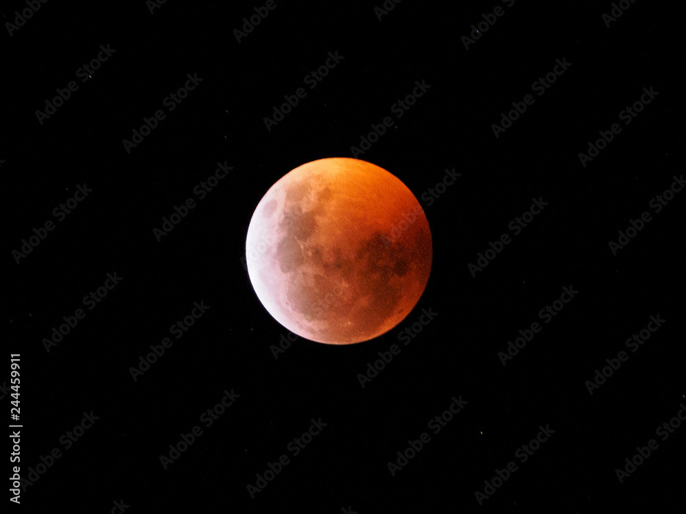Moon eclipse. Red Moon. Clear night sky.