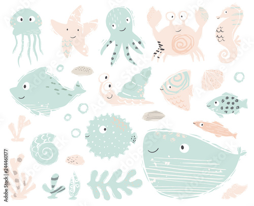 Seahorse, octopus, crab, snail, fugue fish, starfish, whale, dolphin, jellyfish baby cute illustration. Sweet sea animals.