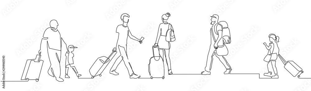 People walking with luggage continuous one line vector drawing - obrazy, fototapety, plakaty 