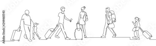 People walking with luggage continuous one line vector drawing
