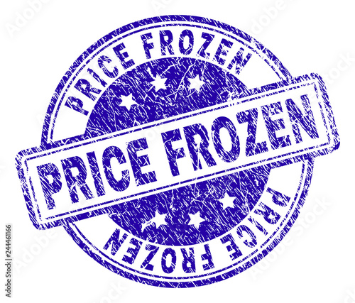 PRICE FROZEN stamp seal watermark with grunge texture. Designed with rounded rectangles and circles. Blue vector rubber print of PRICE FROZEN tag with dirty texture.