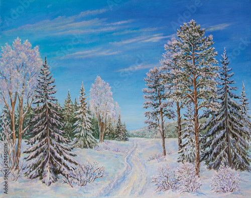 Winter landscape with the road and pine trees in the snow on a canvas. Original oil painting.