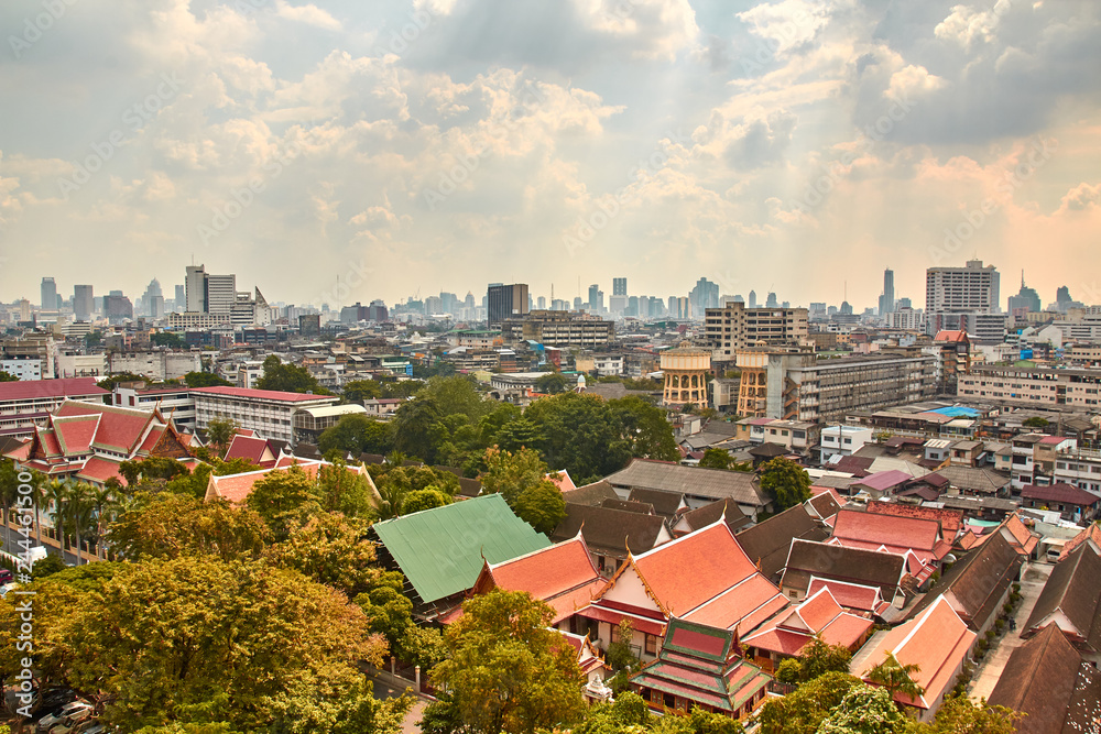 Panoramic view of buildings of Bangkok and part of Wat Saket from top of Golden Mount in Bangkok
