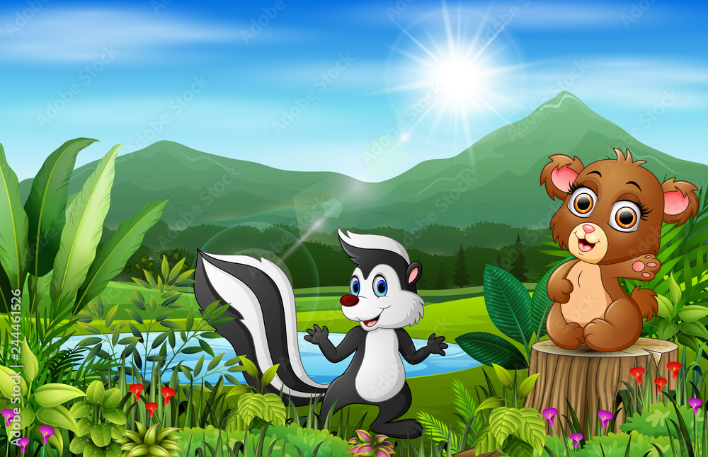 Naklejka premium Wild animal cartoons with beautiful green scenery