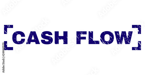 CASH FLOW text seal stamp with distress texture. Text caption is placed inside corners. Blue vector rubber print of CASH FLOW with dust texture.