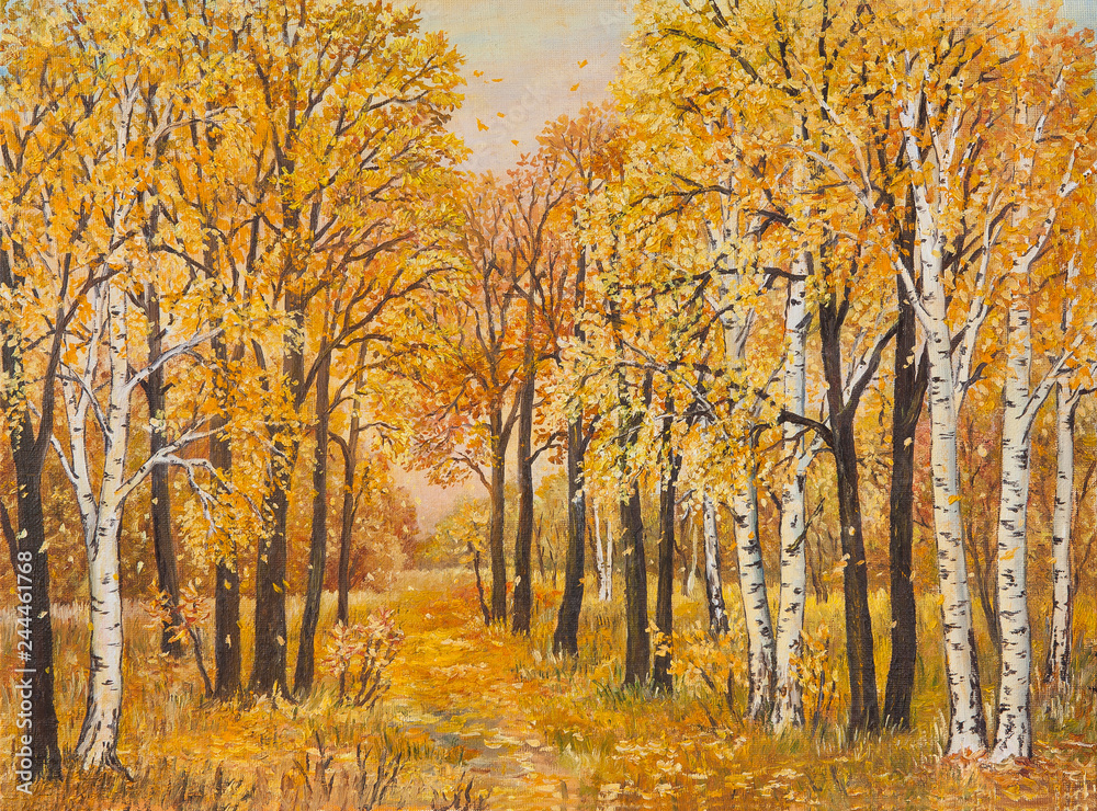 Autumn forest, orange leaves. Original oil painting on canvas.
