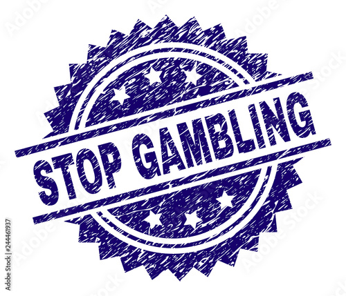 STOP GAMBLING stamp seal watermark with distress style. Blue vector rubber print of STOP GAMBLING title with retro texture.