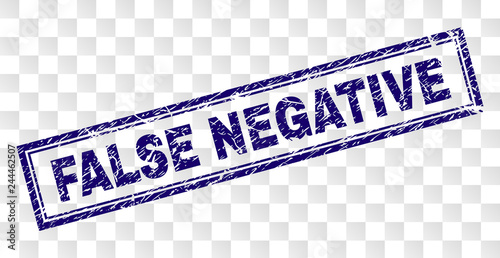 FALSE NEGATIVE stamp seal print with rubber print style and double framed rectangle shape. Stamp is placed on a transparent background.