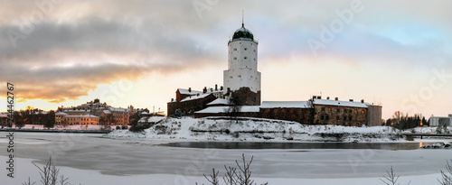 panorama of Vyborg castle and Castle island in the early winter morning photo