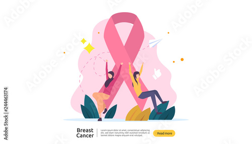 breast cancer day Awareness month concept with pink ribbon and female cartoon character together for love and support. web landing page template, banner, social, and print media. Vector illustration.