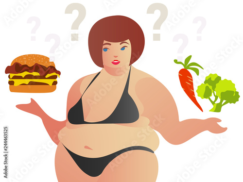 Food choice. Fat young woman making choice between hamburger and vegetables. Healthy lifestyle and bad habits, a healthy diet and daily routine.