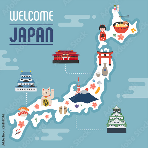 A set of icons symbolizing the style of hand painting Japan. map template. flat design vector graphic style concept illustration.